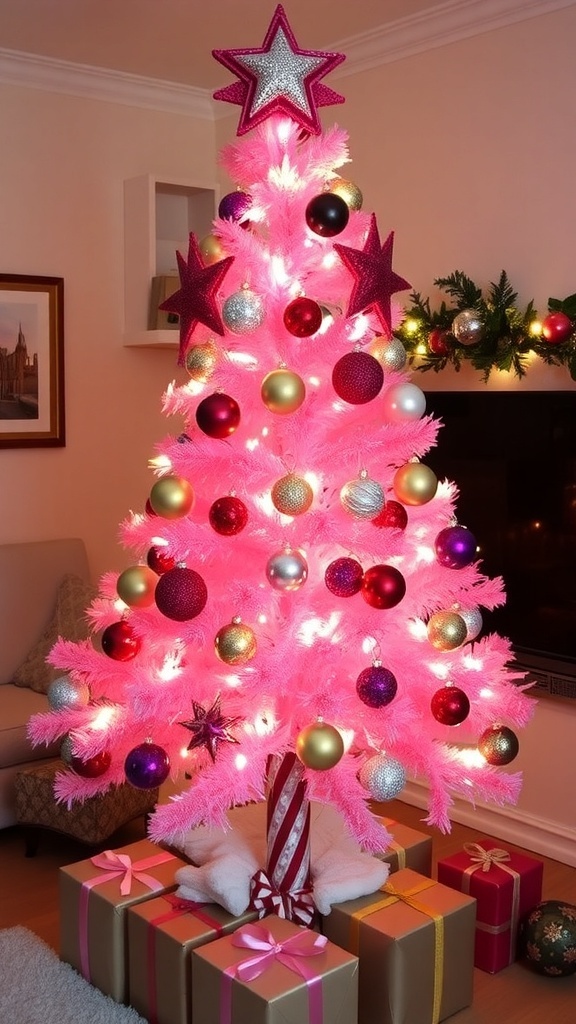 A pink Christmas tree decorated with lights and ornaments in a cozy living room.